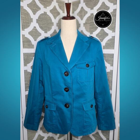 Talbots Teal Blue Cotton Blend Stretch Medium Weight Unlined Jacket Size 12 - Picture 1 of 9